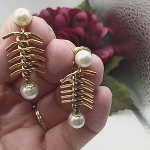 Emmons Fishbone Ribcage Faux Pearl Goldtone Drop Clip Earrings Articulated